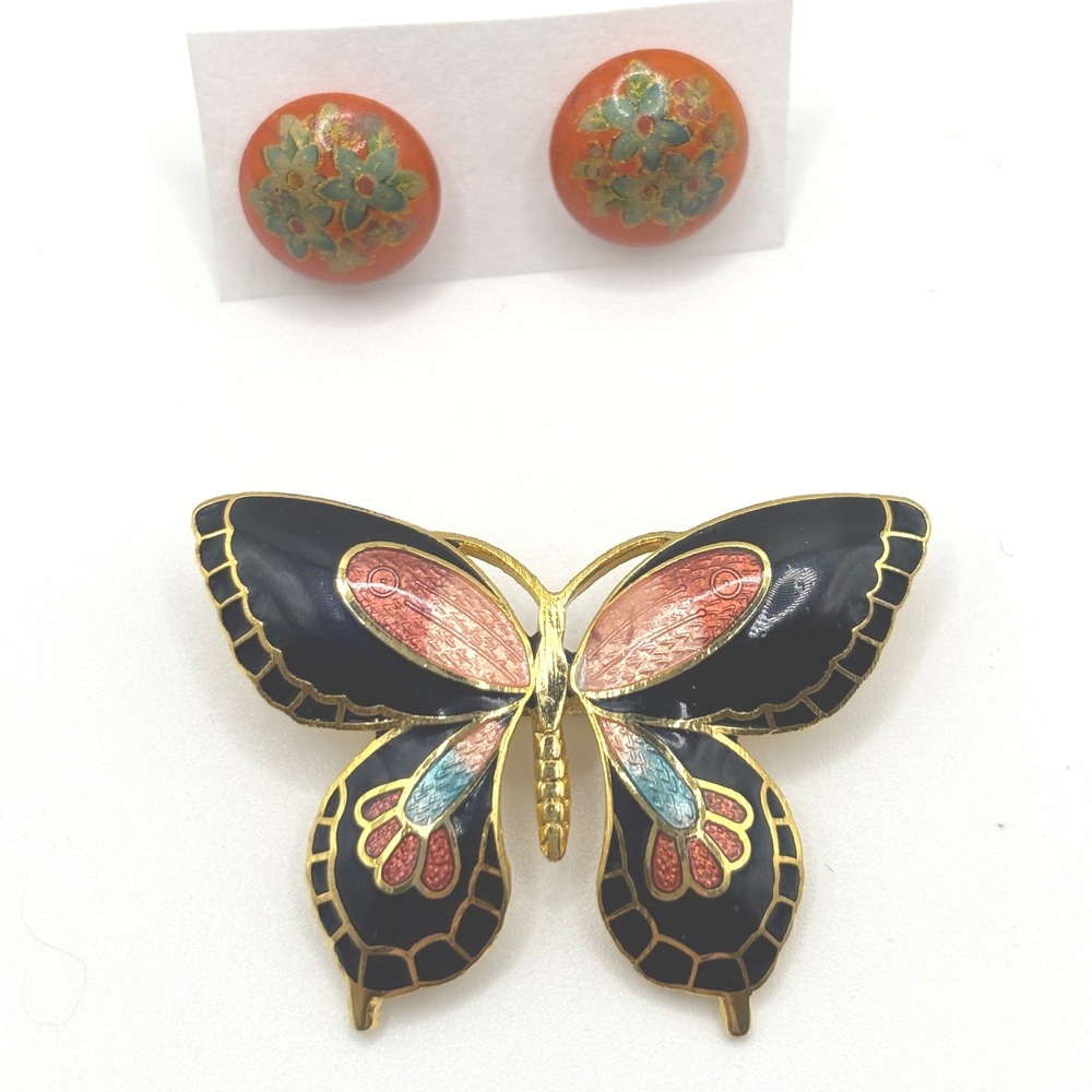 Vintage Cloisonne Butterfly Brooch and Orange Floral Stud Earrings Set